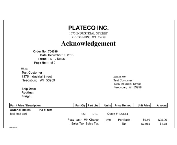 Document scan of a Plateco Inc. order acknowledgement detailing billing information, order numbers, part descriptions, quantities, and pricing.