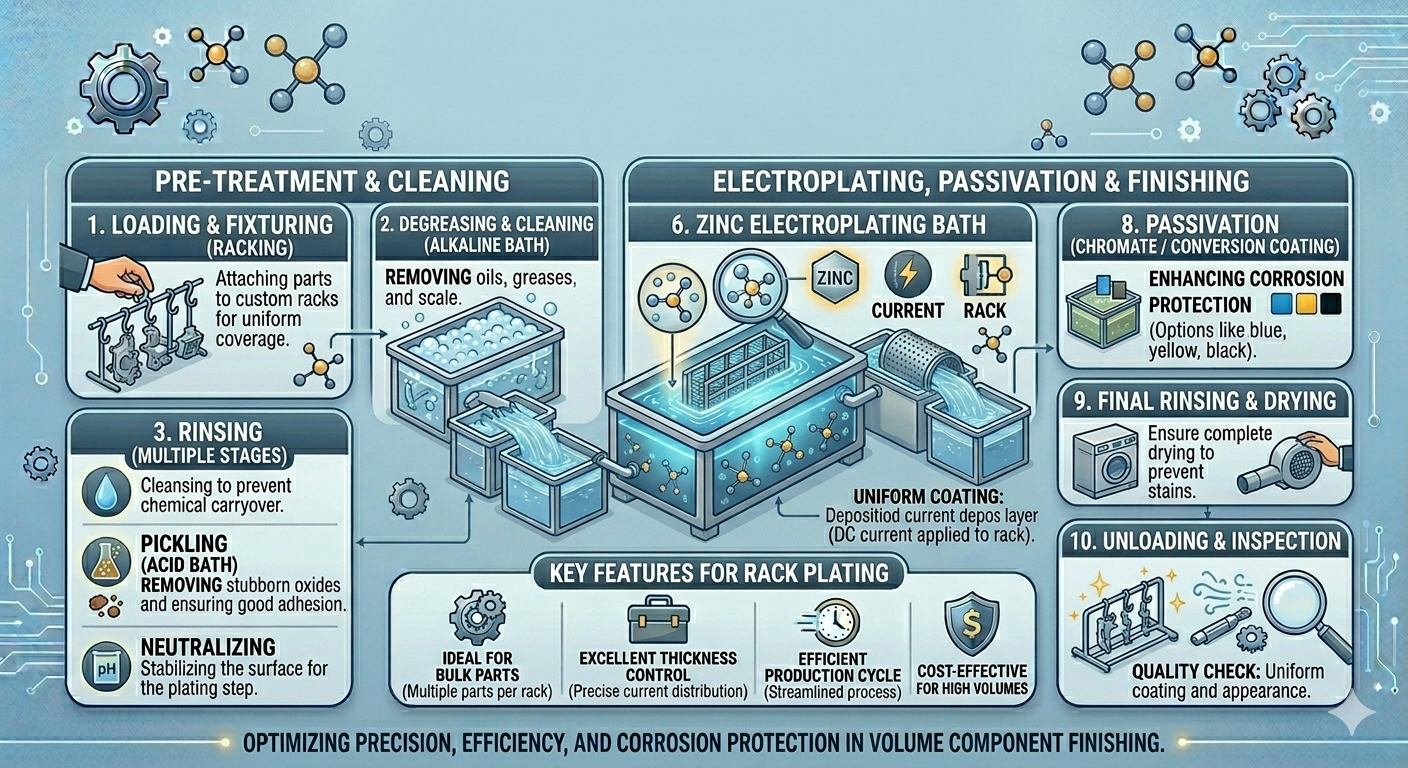 Zinc rack electroplating process showing step-by-step metal coating stages