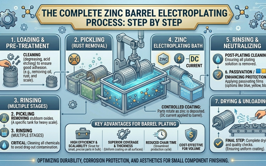 Zinc barrel electroplating process showing metal parts coating steps