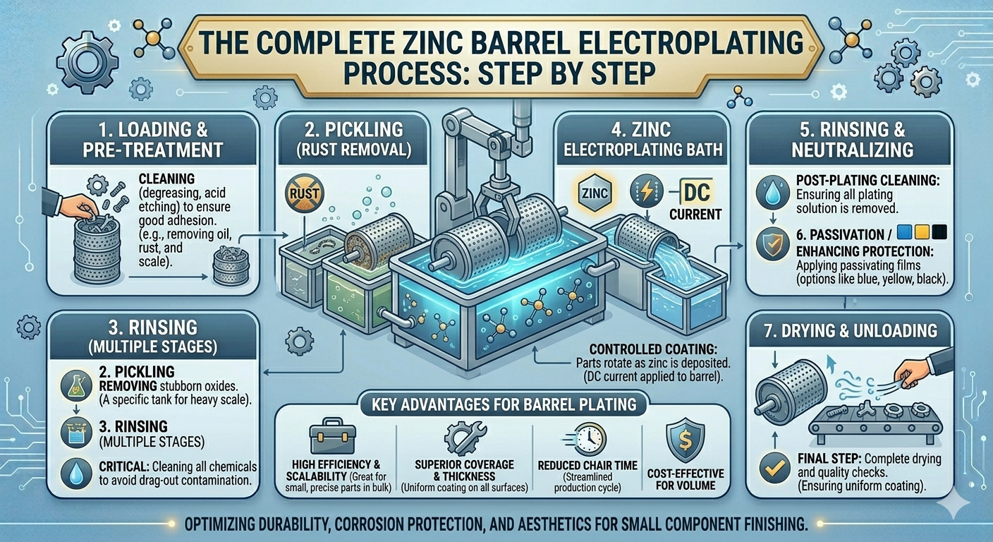 Zinc barrel electroplating process showing metal parts coating steps