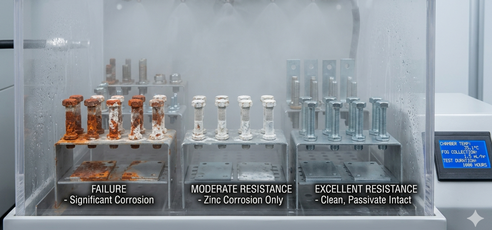 Salt spray testing chamber evaluating corrosion resistance of zinc plated parts