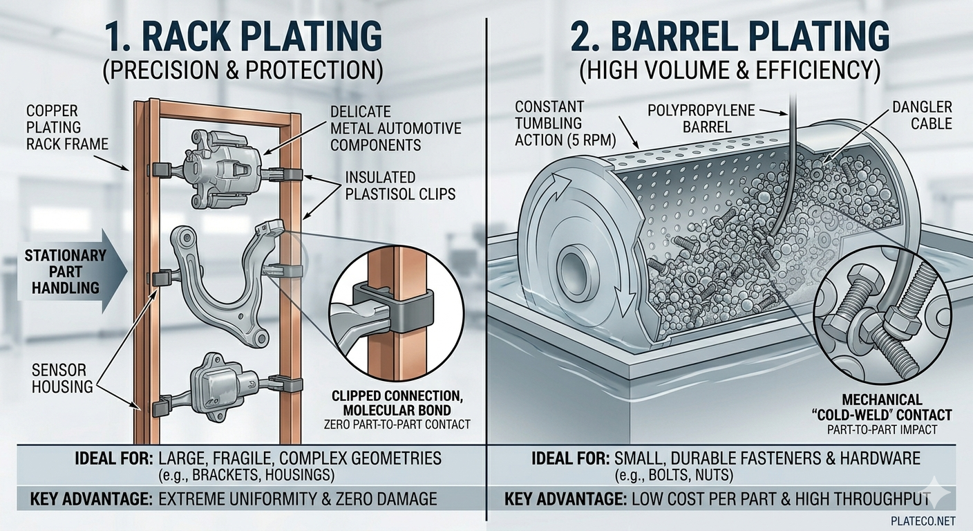 Comparison of rack plating and barrel plating processes showing how metal parts are coated in industrial finishing systems.