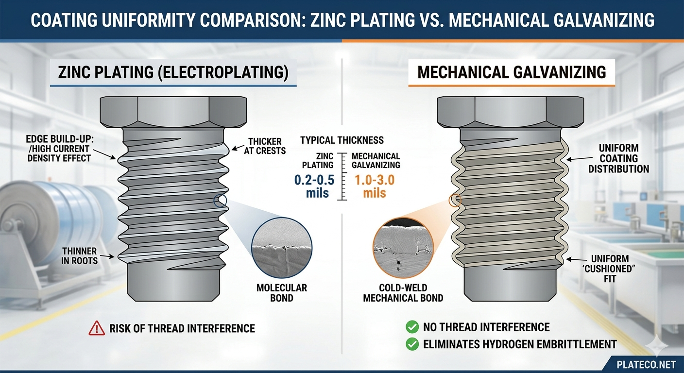 Comparison of zinc plating and mechanical galvanizing coatings on metal parts, showing thickness, finish, and corrosion resistance differences.