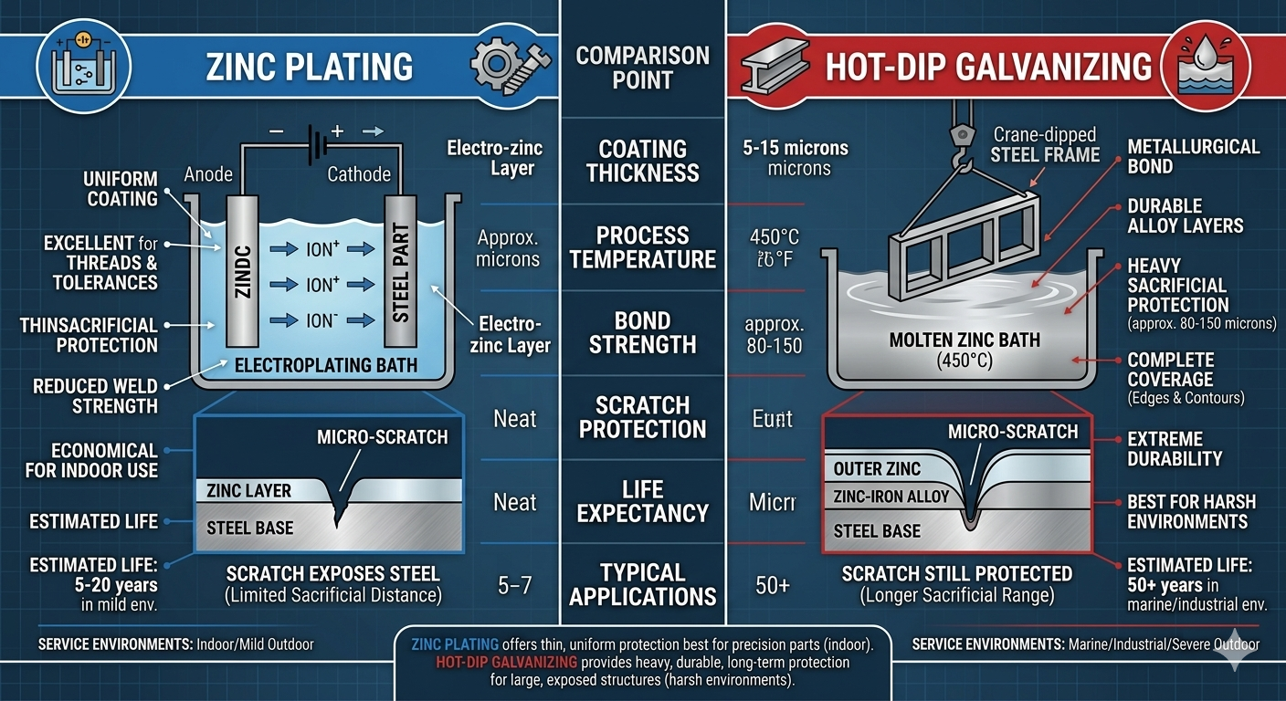 Zinc plating vs hot-dip galvanizing steel coating comparison