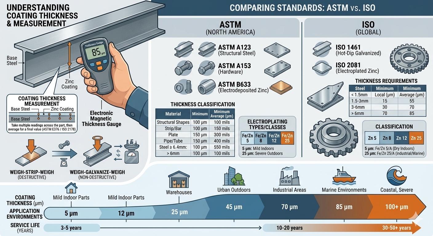 Zinc coating thickness measurement showing ASTM and ISO standards for corrosion protection