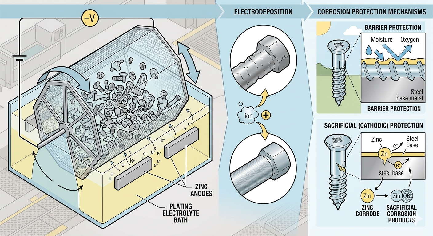 Zinc Barrel Plating Prevents Corrosion Zinc barrel plating corrosion protection on small metal parts