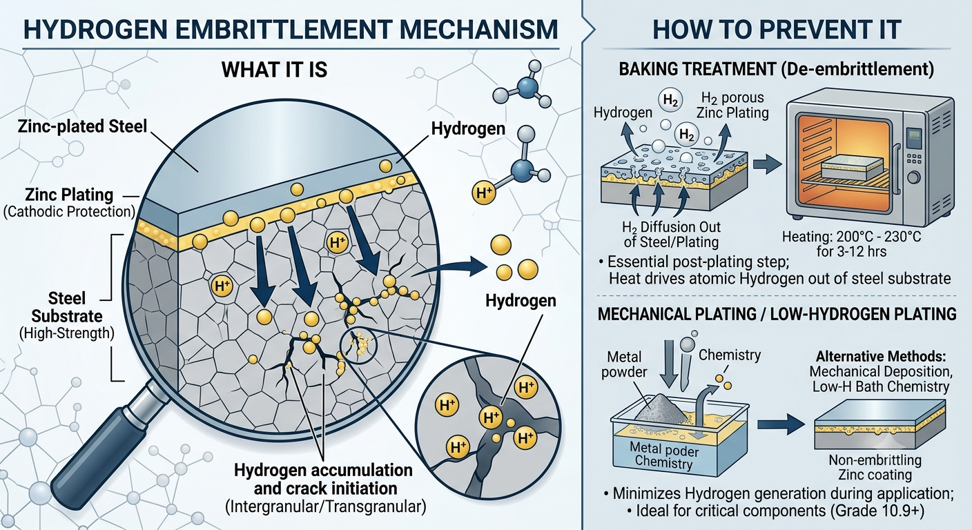 Hydrogen Embrittlement in Zinc Plating Hydrogen embrittlement in zinc-plated steel component showing potential cracking and failure