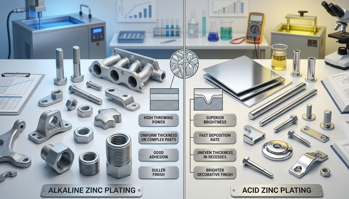 Alkaline vs. Acid Zinc Plating Comparison of alkaline and acid zinc plating processes on industrial metal components