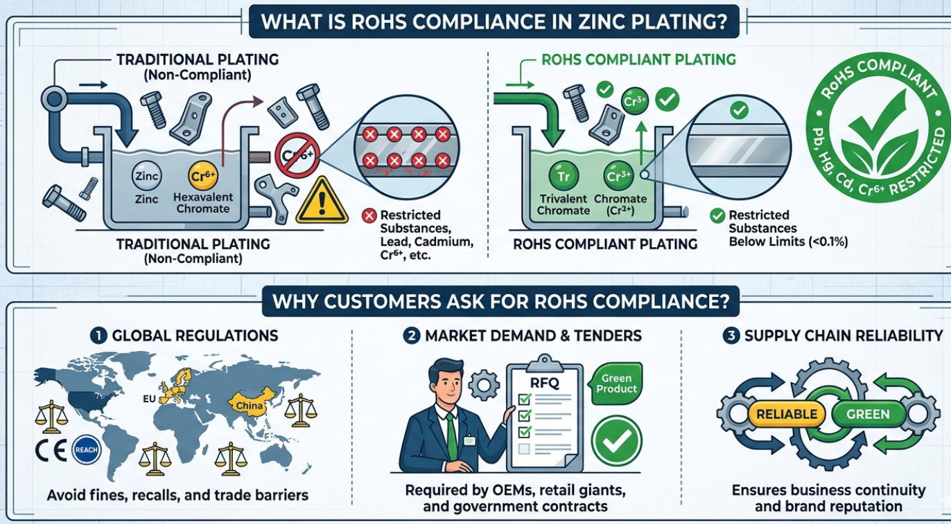 RoHS compliant zinc plated metal parts used in industrial manufacturing applications