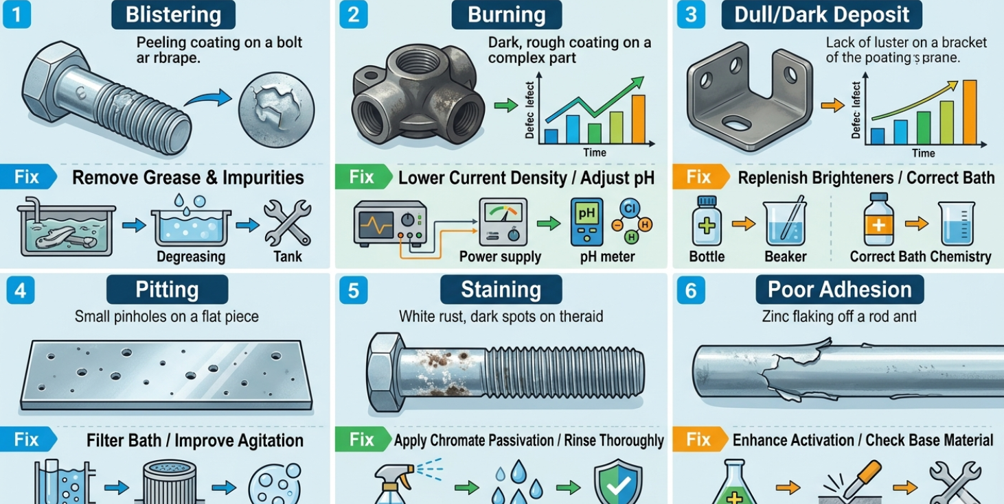 Zinc Plating Defects and Solutions Common zinc plating defects on metal components with visible coating imperfections