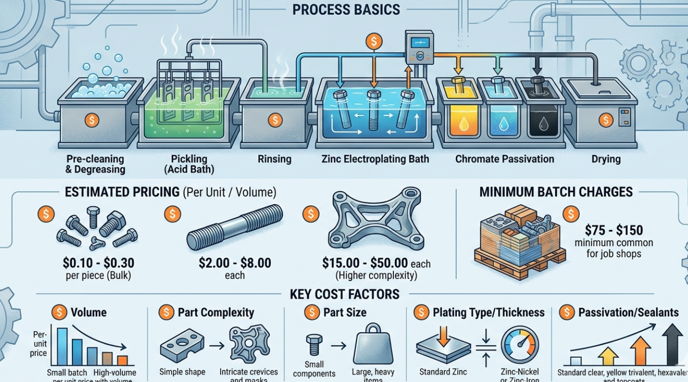 How Much Does Zinc Plating Cost? Zinc plated metal parts with pricing and cost analysis for industrial finishing