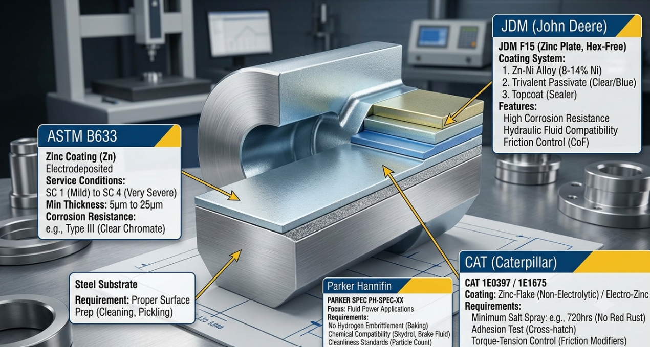 Zinc plating standards ASTM, JDM, CAT, and Parker Hannifin.