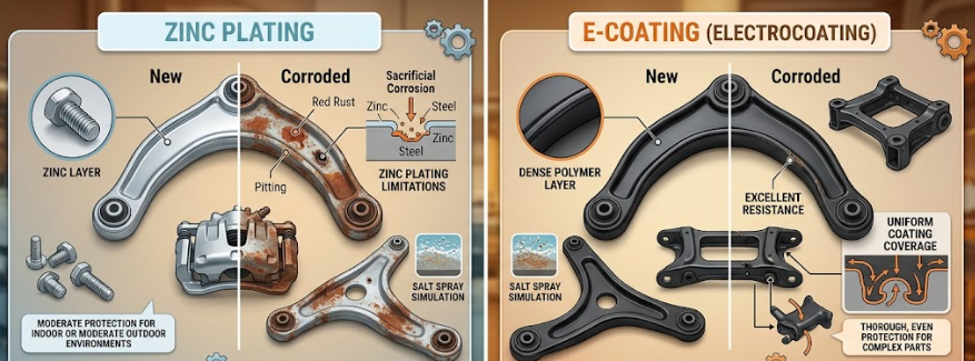 Zinc Plating vs. E-Coating Zinc Plating vs. E-Coating for automotive parts.