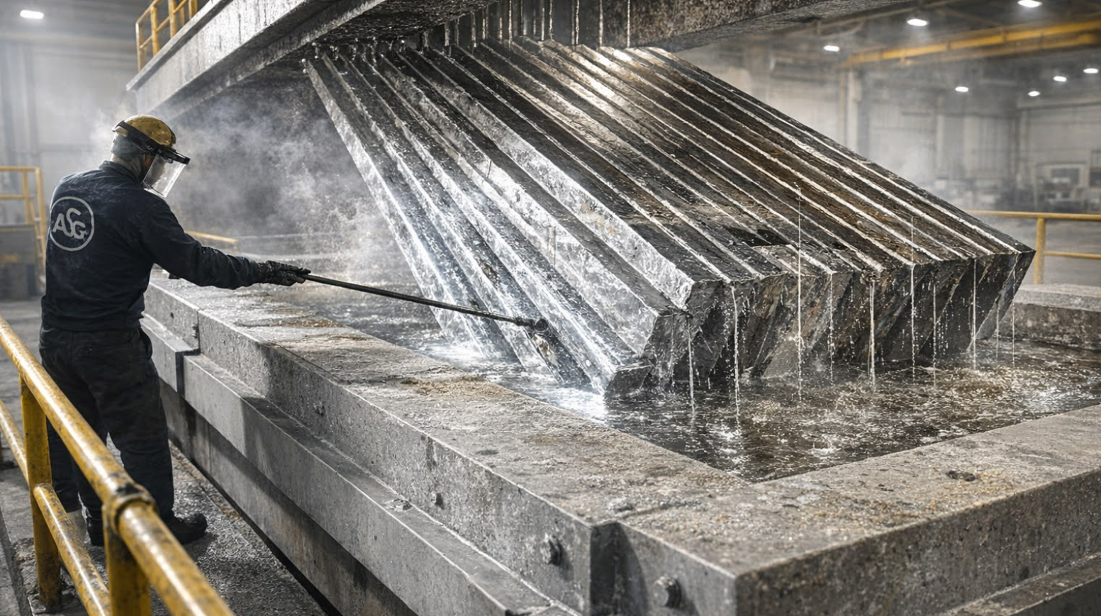 Metal cylindrical parts with an iridescent yellow chromate zinc finish mounted on industrial racks in a plating facility.